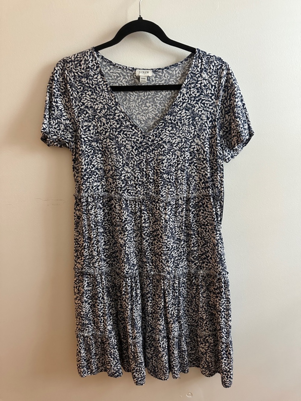 J. Crew Navy and White V-Neck Short Sleeve Tiered Midi Dress